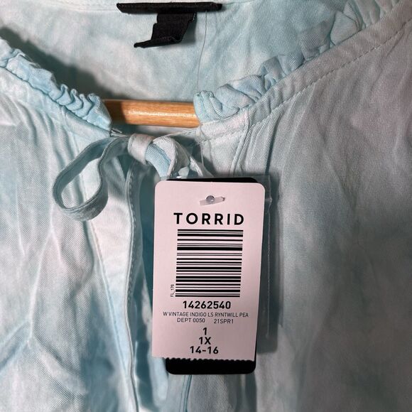 Torrid Blouse Women s Size 1X Turquoise Tie Dye Tie Neck Long Sleeve Flowy - Picture 6 of 10